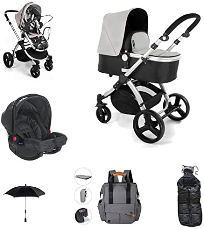 Cochecito de Bebe 3 en 1 Go Baby Neo (Silla con Capazo + Grupo 0 + Saco Polar + Nuevo Bolso Cambiador + Sombrilla + Burbuja de Lluvia). Color Black/Grey.