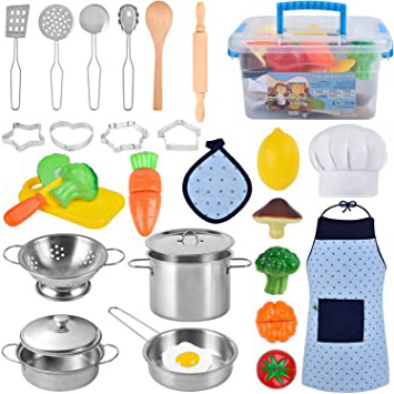 TwobeFit Juguetes de Cocina para niños, 29 Piezas Juguetes de Chef para Niños, Cocina de Acero , Vegetales para Cortar, Delantal y Gorro De Cocinero, Cortadores de Galletas, Rodillo para niños