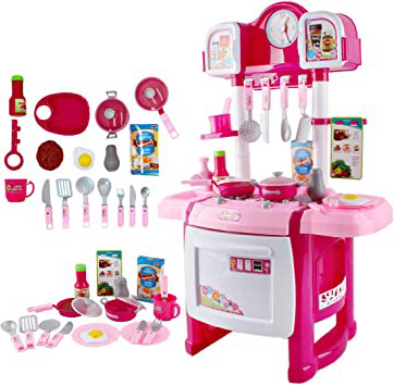 deAO Cocinita Mi Pequeño Chef con Características de Sonidos, Luces y Agua Cocina de Juguete para Principiantes Incluye Accesorios (Rosa)