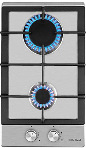 Klarstein Ignito Domino Cocina de gas - 2 quemadores de la marca Sabaf, 3 kW y 1 kW, Parrilla de hierro fundido, Superficie de acero inoxidable, Manejo con perillas, Snap-Jet-Ignition, Plateado