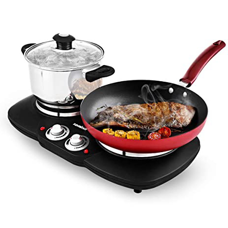 Cusimax CMHP-B212 - Cocina eléctrica doble (18,8 cm y 15,5 cm, 2 placas, 2 termostatos regulables, 2500 W), color negro