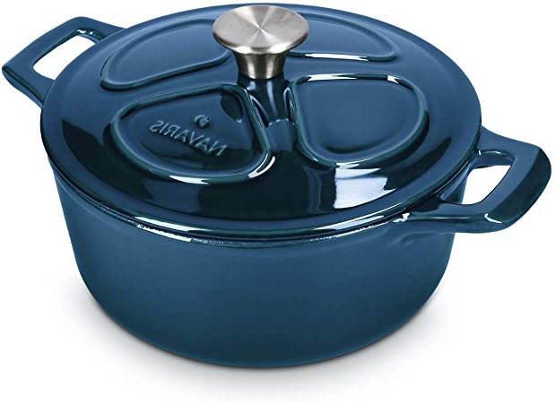 Navaris Cacerola de Hierro Fundido con Tapa - Cazuela con 2 Asas para cocinar en Horno Plancha - Olla cocotte Redonda 24 CM - Marmita de 3.5 L - Azul