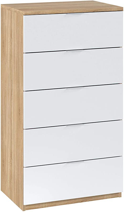 Habitdesign 017845F Cómoda 5 cajones, chifonier Modelo Alaya, Acabado en Color Roble Canadian y Blanco Artik, 60 cm (Ancho) x 110 cm (Alto) x 40 cm (Fondo)