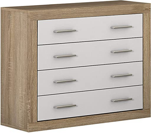 duehome HomeSouth - Comoda 4 cajones, chinfonier Dormitorio Modelo Lara, Color Cambria y Blanco, Medidas: 98 cm (Ancho) x 81,5 cm (Alto) x 39,6 cm (Fondo)