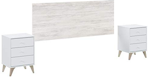 Habitdesign 036071A - Cabezal + Dos mesitas de Noche, Cabecero para Cama de Matrimonio, Modelo Sweet, Blanco Artik y Blanco Velho, Medidas: 272 cm (Ancho) x 116 cm (Alto) x 33.5 cm (Fondo)
