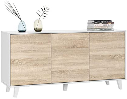 Habitdesign 0F6638BO - Aparador Buffet salón Comedor 3 Puertas, Color Blanco Brillo y Roble Canadian, Medidas: 154 x 75 x 41 cm de Fondo