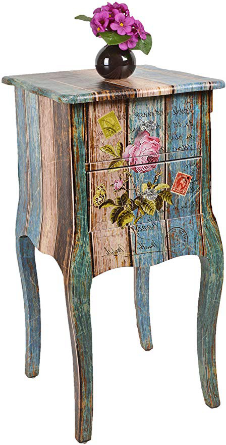 ts-ideen estantería cómoda estilo de vintage antiguo con rosas piel sintética con 2 cajones, color azúl french style