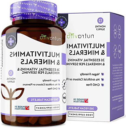 Multivitaminas y Minerales - 365 Comprimidos Multivitamínicos Veganos (Suministro para 1 año) con 26 Vitaminas y Minerales Activos Esenciales - Elaborados en el Reino Unido por Nutravita