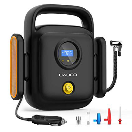 COOAU Compresor Aire Coche Portátil, 150PSI 12v con Protección contra Sobrecalentamiento y Pantalla LCD y Luz LED 4 Adaptadores Boquilla Apto para inflar Neumáticos de Coche Moto y Bicicleta