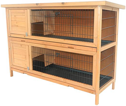 Pawhut Conejera Madera de Exterior Jaula para Conejo 2 Niveles Bandeja Extraíble Estructura de Malla Metálica Puertas con Pestillos Resistente al Agua 136.4x50x93 cm