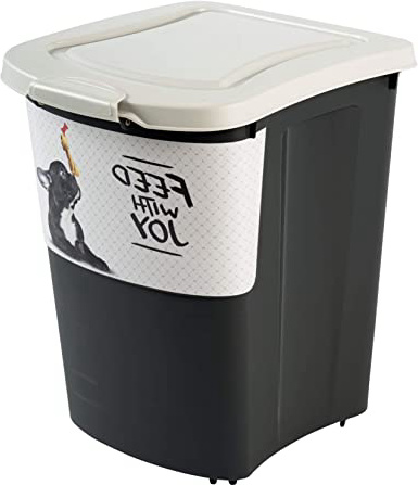 Rotho Archie, Gran contenedor de comida para mascotas 38l con tapa, rodillos y pala, Plástico PP sin BPA, negro, motivo, 38l 41.0 x 37.0 x 50.0 cm