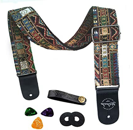 Correa de guitarra Vintage estilo tejida ajustable guitarra eléctrica acústica Bass Correa con extremos de cuero, Bundle para guitarra, Plectrums for guitar, Botón (Amarillo)