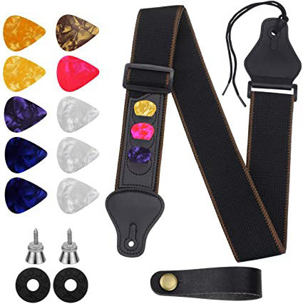 Dreamtop - Correa de guitarra ajustable de algodón con botón para correa de guitarra, cierres de correa y púas de guitarra coloridas, 16 piezas para bajo, guitarra eléctrica y acústica
