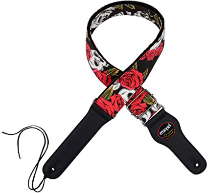 Rayzm correa para guitarra eléctrica/acústica y bajo con bolsillo para púa y 3 púas. Con diseño de Calaveras. 5cm de ancho. Longitud ajustable de 100cm a 156cm