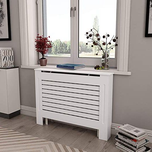 UnfadeMemory Cubierta de Radiador Moderno,Espacio Adicional para Poner Marcos de Fotos,Libros,Adornos,Mueble para Radiador,Decoración de Hogar,MDF Blanco (112x19x81,5cm, Diseño Horizontal)