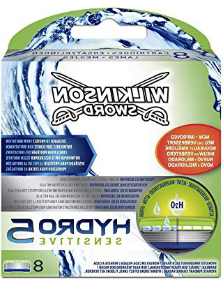 Wilkinson Sword Hydro 5 Sensitive - Recambio de Cuchillas de Afeitar de 5 Hojas para Hombres con Piel Sensible, Banda Lubricante Extra Hidratante, 8 Unidades