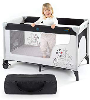 Fillikid Cuna de Viaje para Bebé Jirafa 120x60 cm, de 0 a 3 años - Cuna Viaje Plegable con Bolsa de Transporte, Ruedas y Entrada Lateral