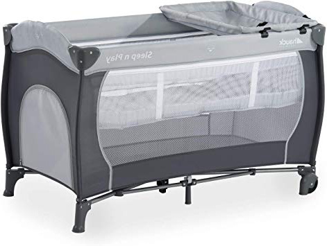 Hauck Sleep N Play Center - Cuna de viaje 7 piezas hasta 15 kg, altura recién nacido, con apertura lateral, ruedas, colchón, cambiador bebe, bolsa de transporte, plegable y regulable, gris