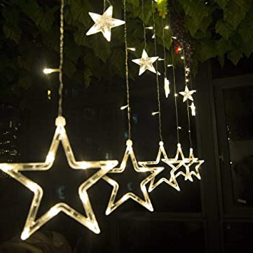 Cadena de luces LED de colores Salcar de 2 * 1 metros, cortina 12 estrellas de colores para navidad, decoracion de fiestas, celebraciones, 8 programas de cambio de luz (luz cálida)
