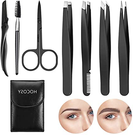 Pinzas Depilar Cejas HOCOSY 7Pcs Juego de Cejas con Pinzas de Depilar Profesionales, Peine para Cejas, Tijeras cejas, Maquinillas de Afeitar Cejas, Recortador de Cejas