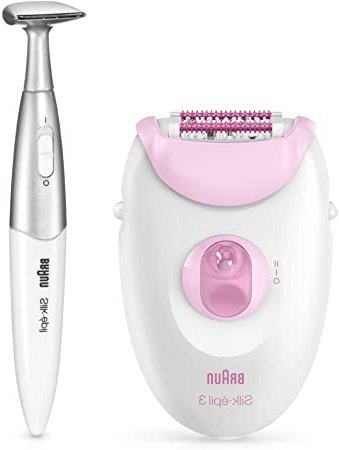 Braun Silk-épil 3 3-321 - Depiladora para mujer con rodillos de masaje y recortadora para la línea del bikini, blanco/rosa