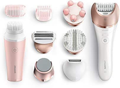 Philips Satinelle Prestige BRP586/00 - Depiladora para Mujer Inalámbrica, 8 Accesorios, Cepillo Facial, Rosa y Blanco