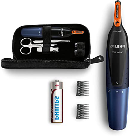 Philips NT5180/15 - Recortador de vello, nariz y orejas, resistente al agua, negro y azul oscuro, battery-powered