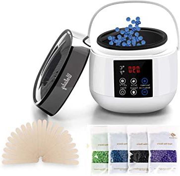 Calentador de Cera Aplicación Eléctrica Wolady Kit de Eliminación de Cera Caliente Depilatory Cera 500ml 4 Paquetes Granos Cera 10 Palillos Spa Cara para Brazos Axilas Piernas Bikini Pantalla Digital