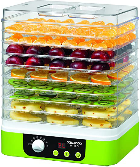 Concept Electrodomésticos SO1060 Deshidratador de alimentos, temporizador, con 9 bandejas rectangulares, temperatura ajustable de 35-70 grados, 1200 W, 46 Decibelios, Plástico, Verde y blanco