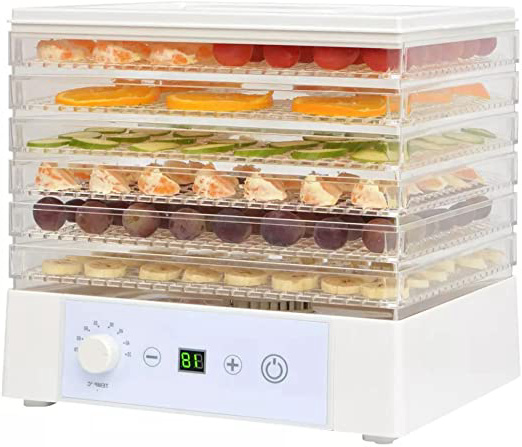 Tidyard Deshidratador de Alimentos con 6 Bandejas Ajustables, Pantalla LCD,Temporizador, Temperatura Ajustable,Deshidratador de Frutas y Verduras 250 W Blanco