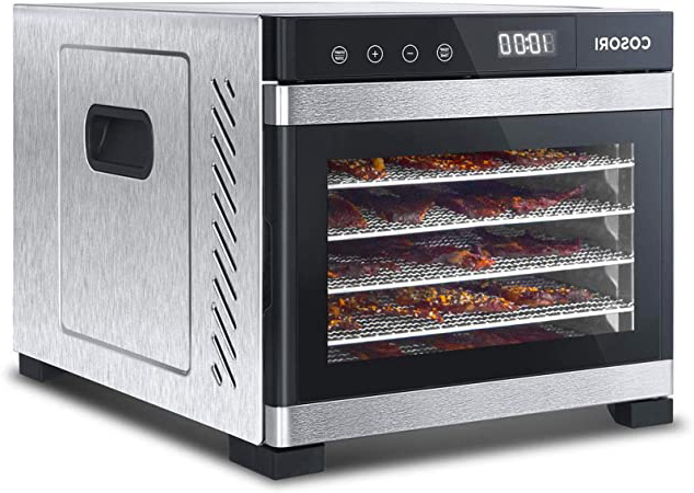 COSORI Deshidratador de Alimentos con 6 Bandejas de Acero Inoxidable, Temporizador 48h, 35° -75° C, Secador de Fruta 650W con 3 Bases para Rollos de Frutas, 3 Tamices de Malla, 50 Recetas, sin BPA