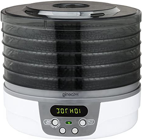 H.Koenig Deshidratador de Alimentos, 250 W, 5 Bandejas Extraíbles, Termostato Ajustable, Temporizador hasta 48 Horas, Blanco DSY700, Plástico