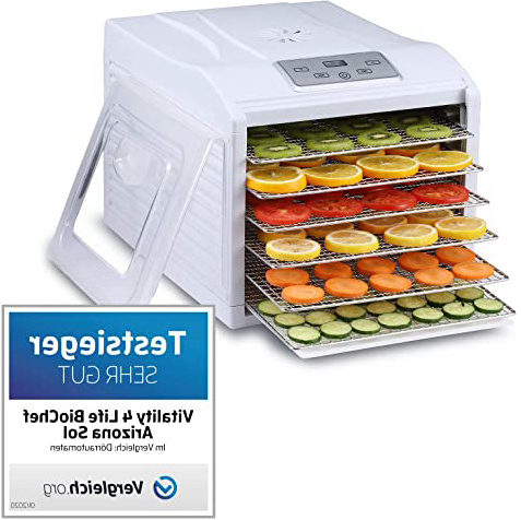 Deshidratador de alimentos BioChef Arizona Sol - 6 Bandejas Acero Inoxidable, 500W, Temporizador, Temperatura 35-70º, Deshidratadora, Yogurtera, BPA Free (Blanco)