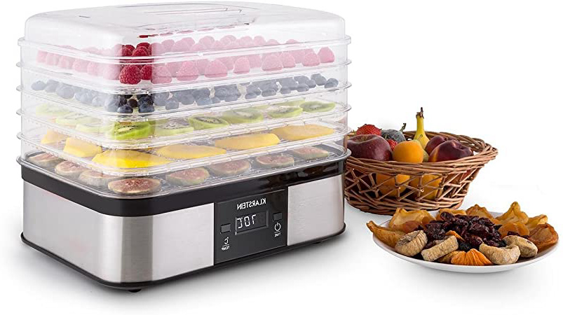 Klarstein Valle di Frutta - Deshidratadora, Desecadora, Secadora de Frutas, 5 Pisos, 250 W, Temperatura Regulable, Temporizador, Pantalla LCD, Panel de 2 Botones, Bandeja Fina, Plateado