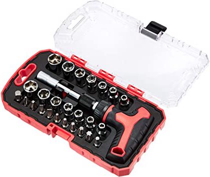AmazonBasics Juego de destornillador y llave de carraca en T, magnético, 27 piezas