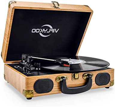 Viflykoo Tocadiscos de Vinilo, Tocadiscos Vintage Disco Vinilo LP 3 velocidades Reproductor de Discos Incorporado 2 Parlantes,Toma de Auriculares, USB, Entrada AUX, Salida RCA - Madera Natural