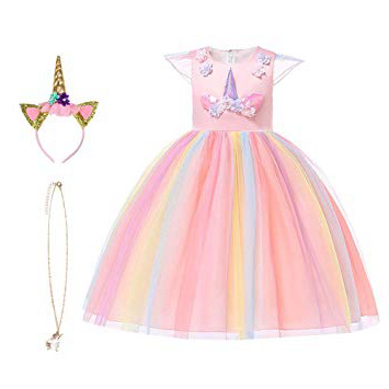 URAQT Disfraz de Princesa, Traje del Vestido Traje de Princesa de la Nieve Vestido Infantil Disfraz de Princesa de Niñas para Frozen Themed Fiesta Cumpleaños Navidad Halloween Arcoiris 100 cm