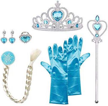 Princesa Disfraces con accesorios, URAQT Accesorios de Princesa disfraces, Princesa Vestir Accesorios include trenza / Tiara con Diamante / Magic Wand / Gloves /Necklace para Niña,Azul, 6PCS