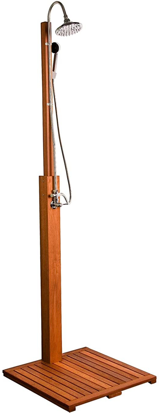 STILISTA® Cascata de ducha de jardín hecha de madera Shorea certificada FSC al 100%, ducha de madera engrasada que incluye ducha de mano ducha de piscina, ducha al aire libre
