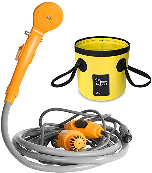 AUTOPkio Kit de Cubo Plegable portátil de la Ducha al Aire Libre, Cabezal de Ducha Que acampa Enchufe en el Adaptador del Cigarrillo 12V y da Vuelta al Agua en la Corriente apacible Constante