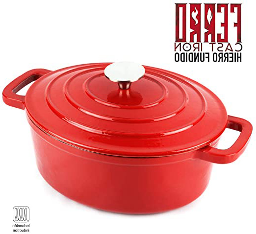 Olla de Hierro fundido Ferro by Sergi AROLA, óptima retención y Reparto del Calor, Especial para INDUCCIÓN, Apto para Horno, Ahorro de energía, fácil Limpieza Larga Durabilidad (OLLA OVAL 28 cm, ROJO)
