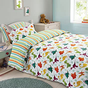 Dreamscene – Dinosaurio Animal, Reversible, diseño de Rayas niños Juego de Cama de Funda de edredón Funda de Almohada poliéster, Verde/Naranja/Blanco, Solo
