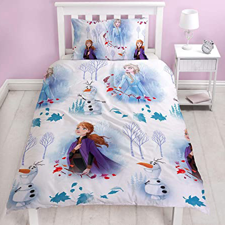 Frozen 2 - Juego de Funda de edredón y Funda de Almohada a Juego con diseño de Anna de Dos Lados y Elsa y Olaf de Disney, Color Blanco