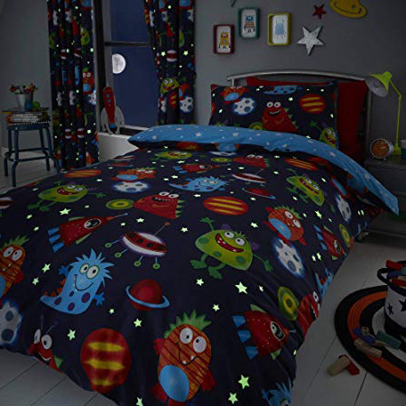Set de fundas infantiles para edredón - Reversible - Estampado del espacio - Brilla en la oscuridad - Azul - Individual