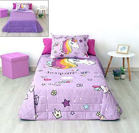 DHestia Cocha Bouti Niña Reversible para Primavera/Verano 100% Algodón Natural con Cojín, Unicornio Mágico (170x260 (Cama 90/105 cm), Multicolor, 170 x 260 cm
