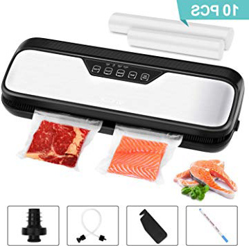 VPCOK Envasadora al vacío automático 110W Máquina del Vacío en Acero Inoxidable Sellador al vacío de Alimentos Secos y Húmedos con 10 Bolsas al vacío,Conector de Succión,Cuchillo de Corte y Marcador
