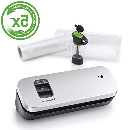 FoodSaver VS1190X - Envasadora al vacío de alimentos compacta con accesorio sellador manual, 1 rollo pequeño y 5 bolsas pequeñas, color plata con detalles negros
