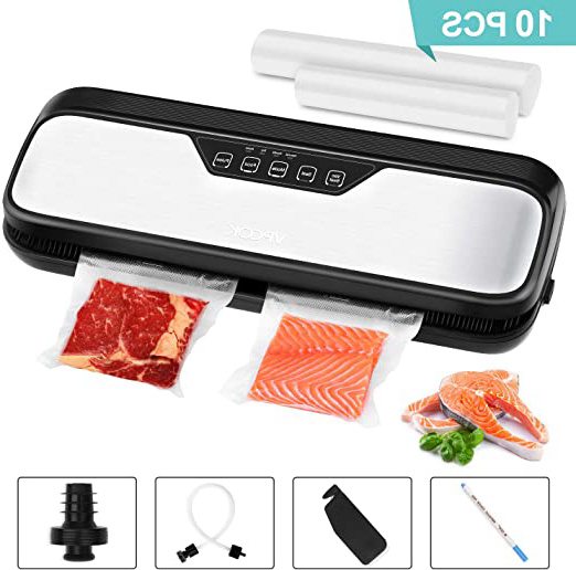 VPCOK Envasadora al vacío automático 110W Máquina del Vacío en Acero Inoxidable Sellador al vacío de Alimentos Secos y Húmedos con 10 Bolsas al vacío,Conector de Succión,Cuchillo de Corte y Marcador