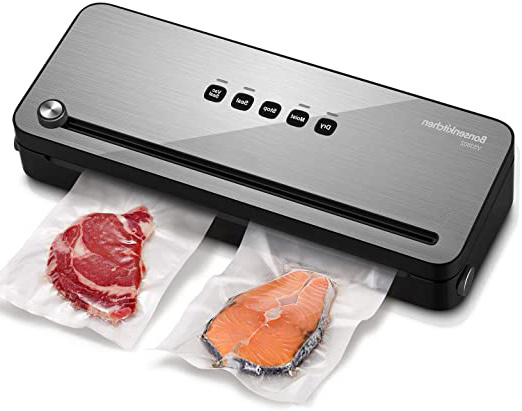 Bonsenkitchen Envasadora al Vacío Domesticas 4 en 1 Envasar al Vacio Maquina con Cortador de Película para Alimentos Fresca, Embasadora Incluyendo Bolsas de Vacío, Negra Selladora VS3802