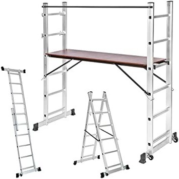 TecTake Escalera 3 en 1 de Aluminio Multipropósito Combinación y Andamio Plataforma de Trabajo